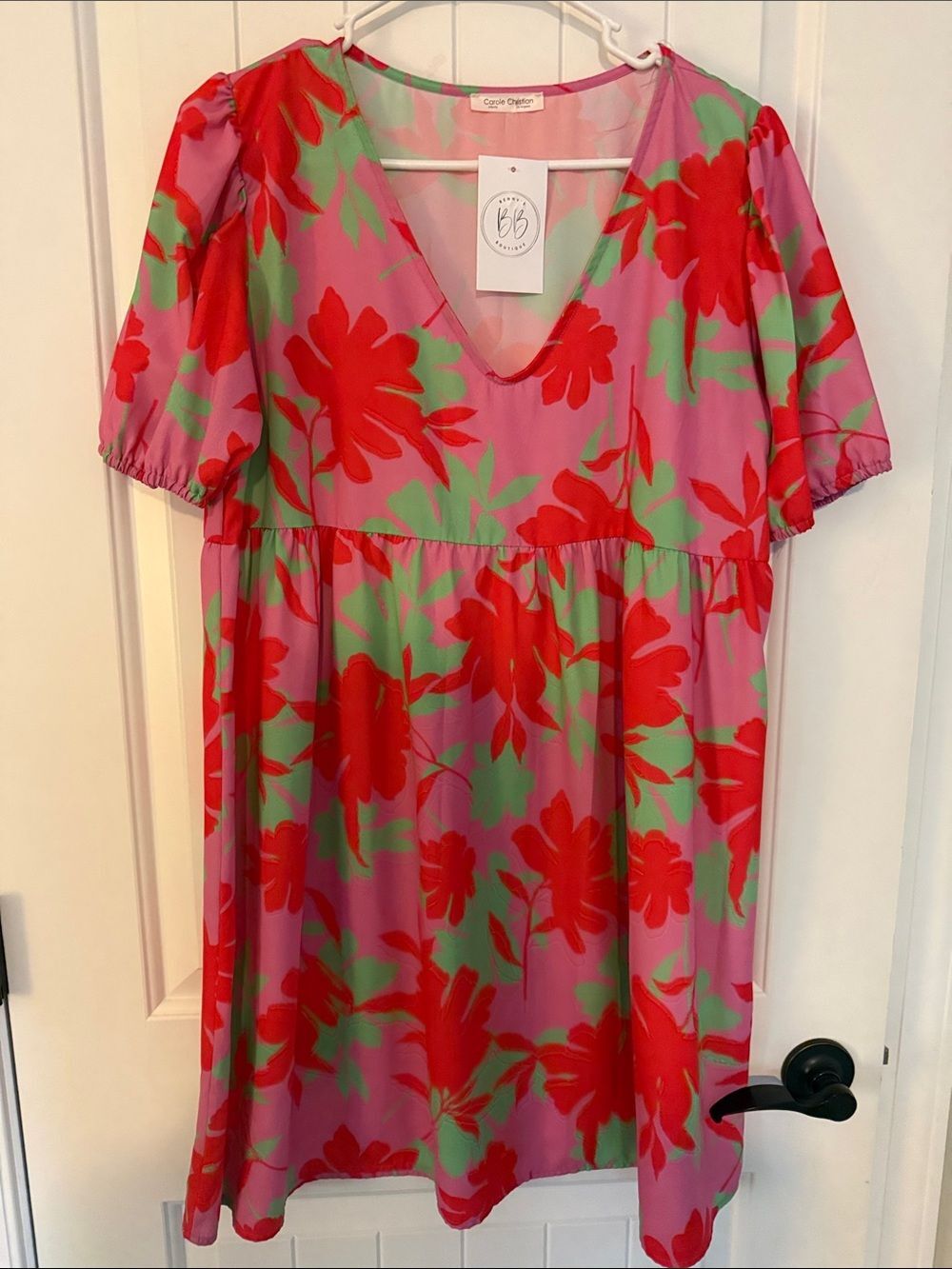Carole Christian Pink Red Floral Puff‎ Sleeve Babydoll Mini Dress V-Neck NWT